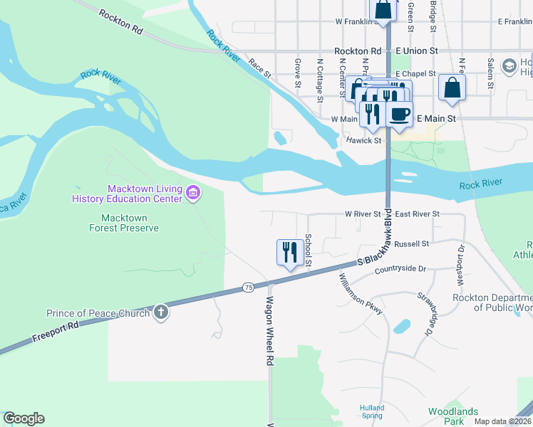 map of restaurants, bars, coffee shops, grocery stores, and more near 539 Trading Post Trail in Rockton