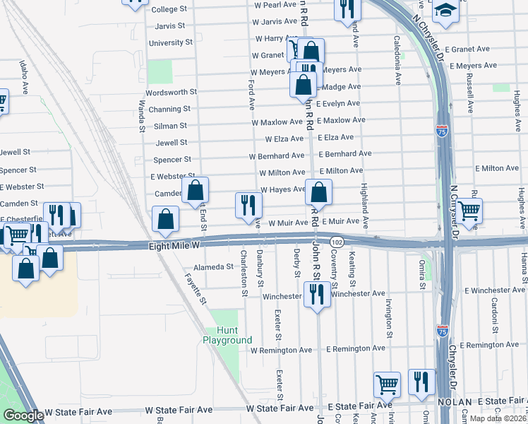 map of restaurants, bars, coffee shops, grocery stores, and more near 155 West George Avenue in Hazel Park