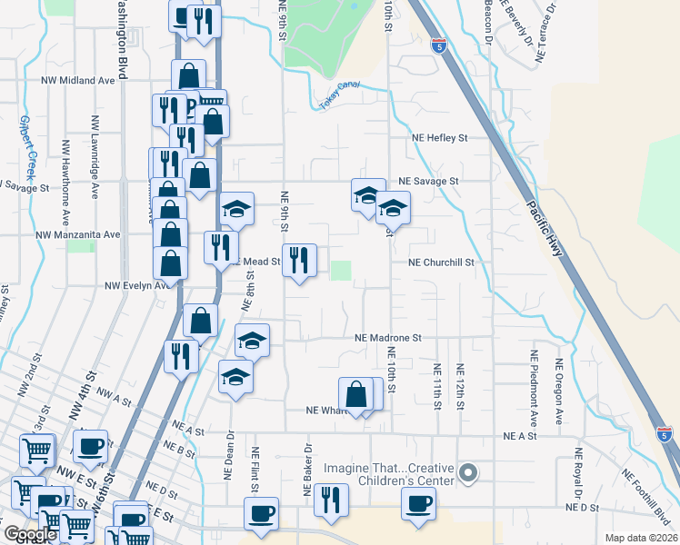 map of restaurants, bars, coffee shops, grocery stores, and more near 1001 Northeast Memorial Drive in Grants Pass