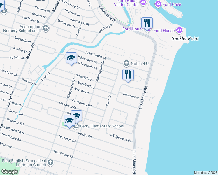 map of restaurants, bars, coffee shops, grocery stores, and more near 575 Briarcliff Drive in Grosse Pointe Woods