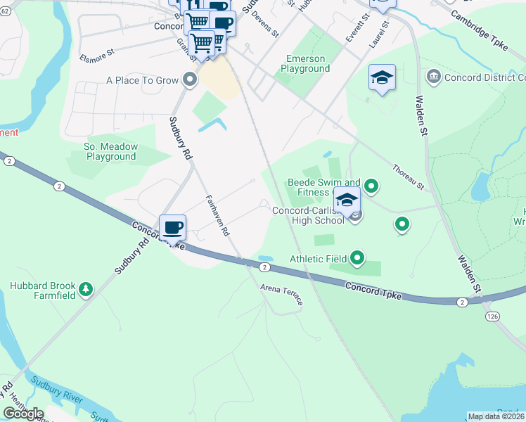 map of restaurants, bars, coffee shops, grocery stores, and more near 72 Adin Drive in Concord