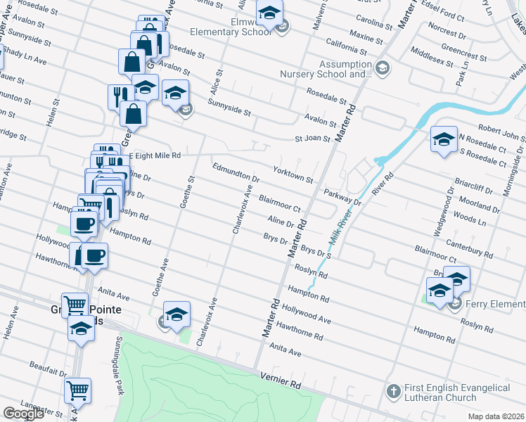 map of restaurants, bars, coffee shops, grocery stores, and more near 1413 Blairmoor Court in Grosse Pointe Woods