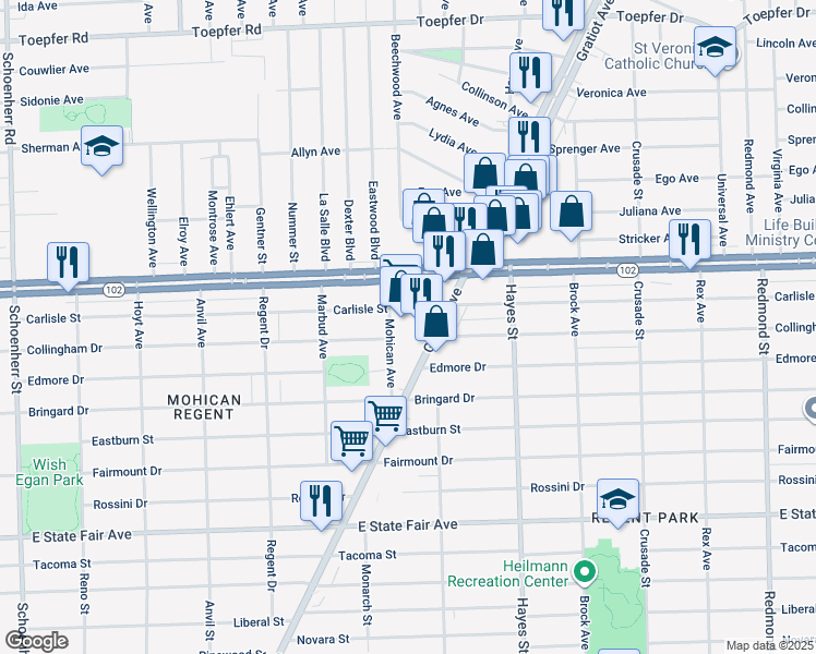 map of restaurants, bars, coffee shops, grocery stores, and more near 15405 Gratiot Avenue in Detroit