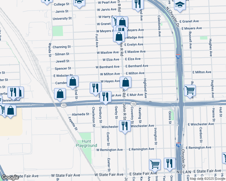 map of restaurants, bars, coffee shops, grocery stores, and more near 77 W George Ave in Hazel Park