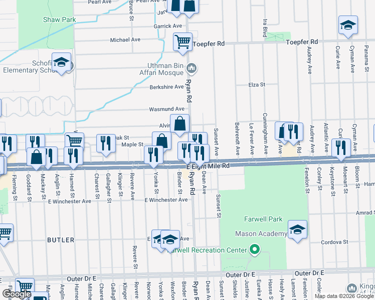 map of restaurants, bars, coffee shops, grocery stores, and more near 20745 Ryan Road in Warren