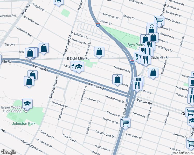 map of restaurants, bars, coffee shops, grocery stores, and more near 20226 Anita Street in Harper Woods