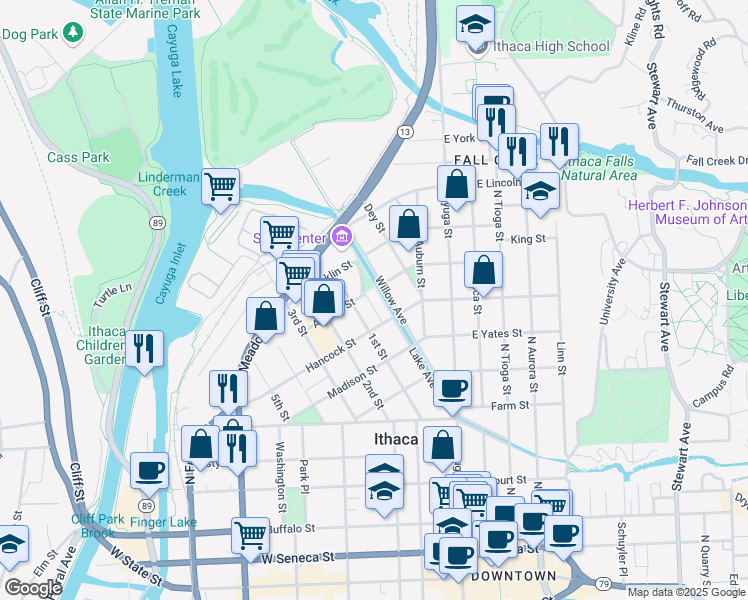 map of restaurants, bars, coffee shops, grocery stores, and more near 204 Hancock Street in Ithaca