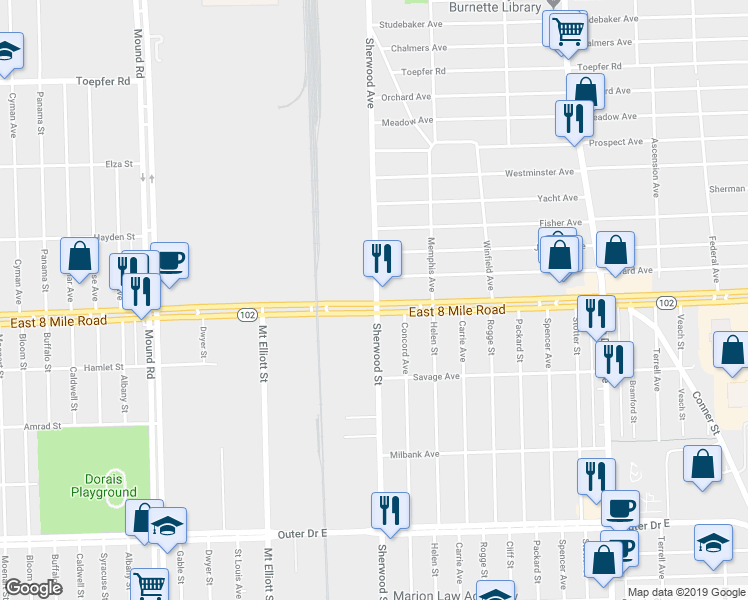 map of restaurants, bars, coffee shops, grocery stores, and more near 6711 E 8 Mile Rd in Warren