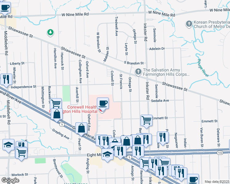 map of restaurants, bars, coffee shops, grocery stores, and more near 21364 Colwell Street in Farmington Hills