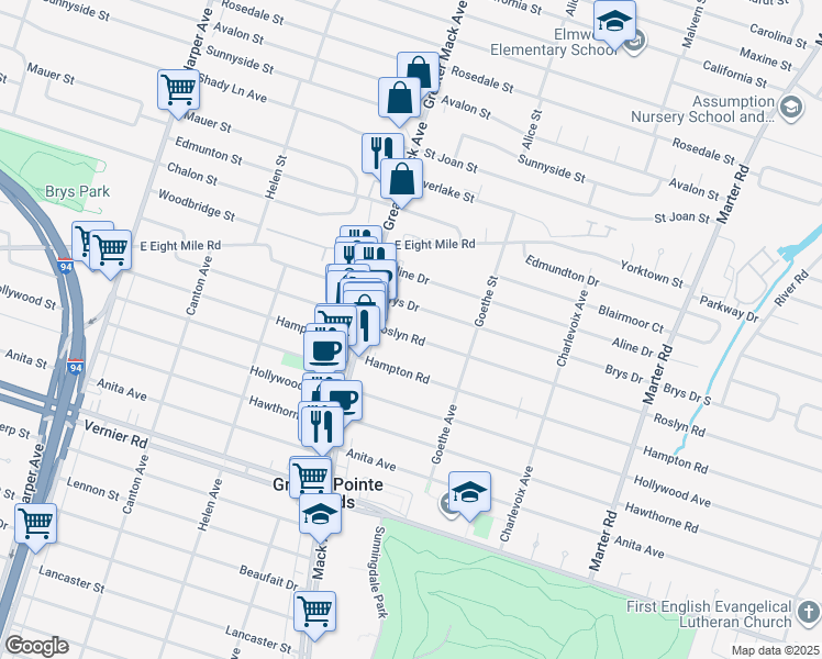 map of restaurants, bars, coffee shops, grocery stores, and more near 1800 Roslyn Road in Grosse Pointe Woods