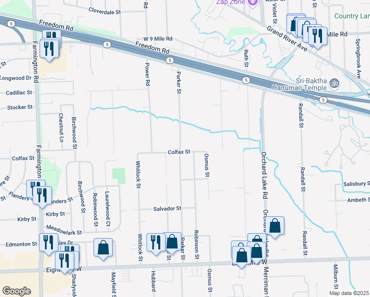 map of restaurants, bars, coffee shops, grocery stores, and more near 31800 Colfax Street in Farmington Hills