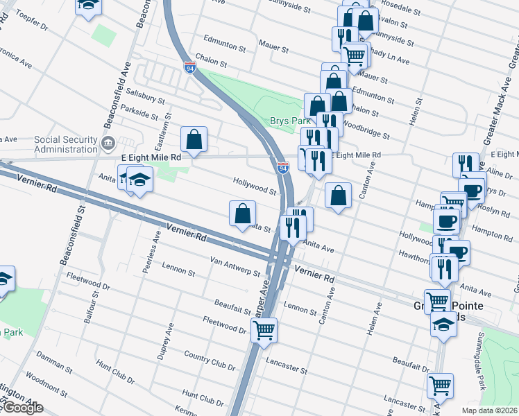 map of restaurants, bars, coffee shops, grocery stores, and more near 20600 Danbury Lane in Harper Woods