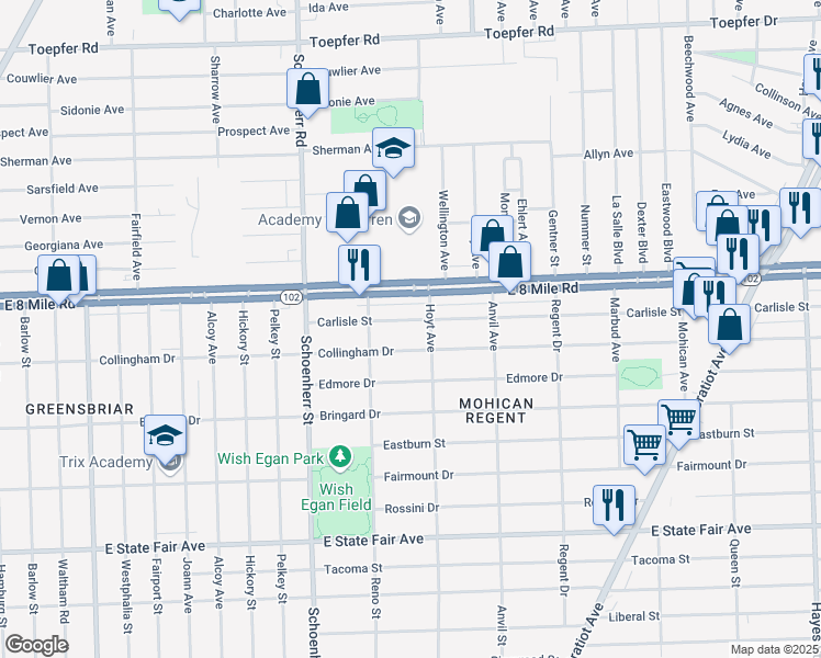 map of restaurants, bars, coffee shops, grocery stores, and more near 13880 Carlisle Street in Detroit