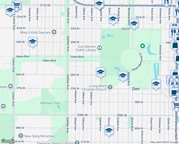 map of restaurants, bars, coffee shops, grocery stores, and more near 2536 Gideon Avenue in Zion