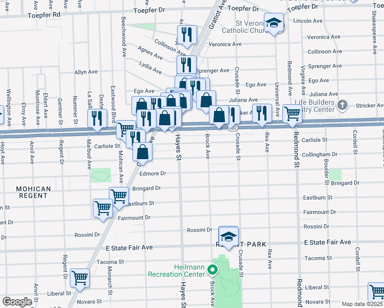 map of restaurants, bars, coffee shops, grocery stores, and more near 15241 Collingham Dr in Detroit
