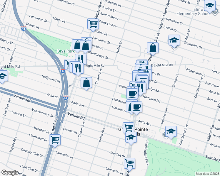 map of restaurants, bars, coffee shops, grocery stores, and more near 2111 Hampton Road in Grosse Pointe Woods