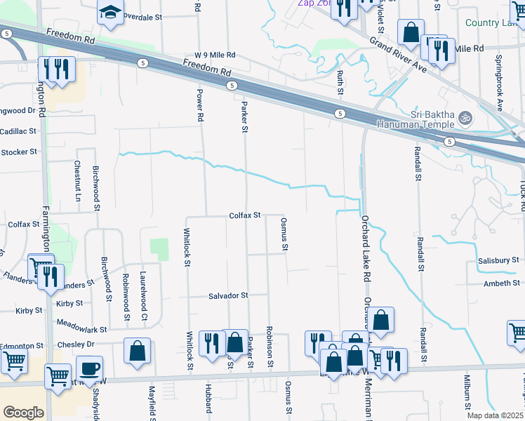 map of restaurants, bars, coffee shops, grocery stores, and more near 31800 Colfax St in Farmington Hills