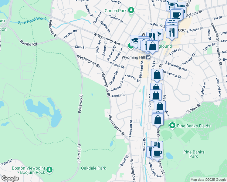 map of restaurants, bars, coffee shops, grocery stores, and more near 15 Crescent Avenue in Melrose