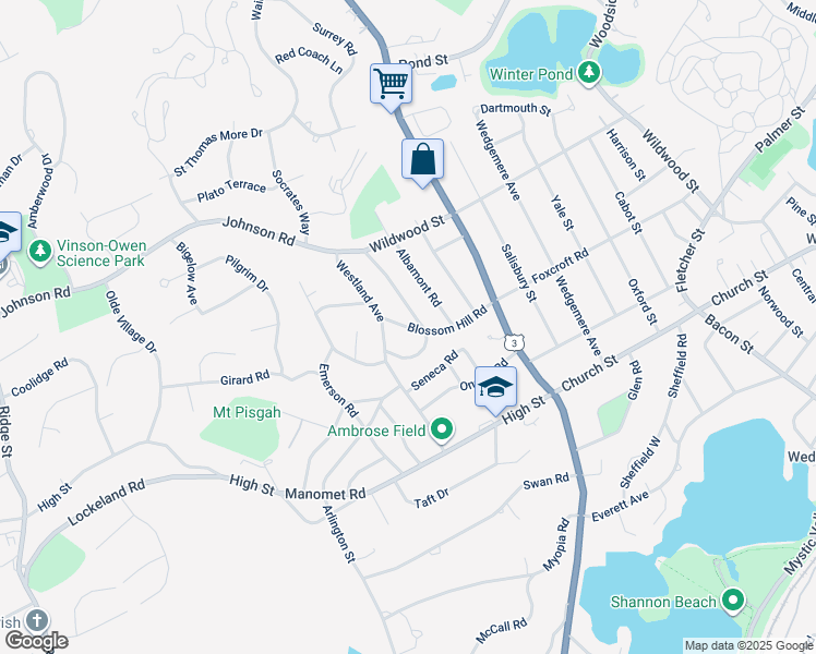 map of restaurants, bars, coffee shops, grocery stores, and more near 15 Blossom Hill Road in Winchester