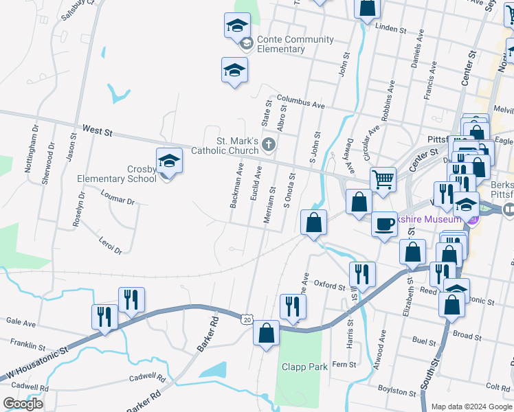 map of restaurants, bars, coffee shops, grocery stores, and more near 59 Euclid Avenue in Pittsfield