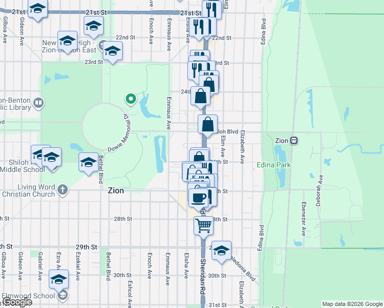 map of restaurants, bars, coffee shops, grocery stores, and more near 2531 Elisha Avenue in Zion