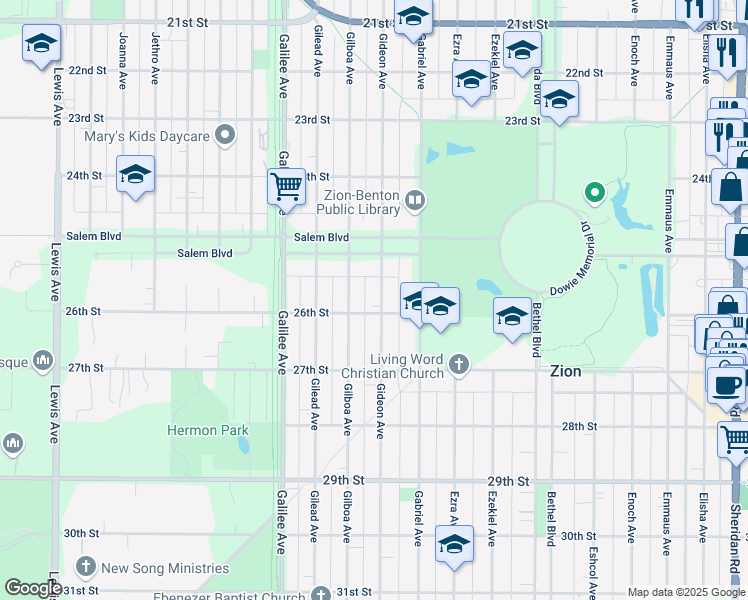 map of restaurants, bars, coffee shops, grocery stores, and more near 2536 Gideon Avenue in Zion