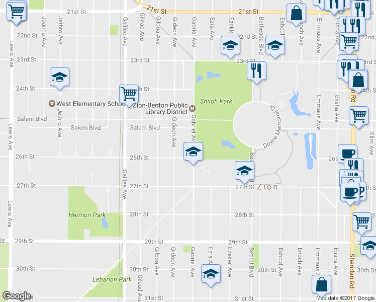 map of restaurants, bars, coffee shops, grocery stores, and more near 2530 Gabriel Avenue in Zion