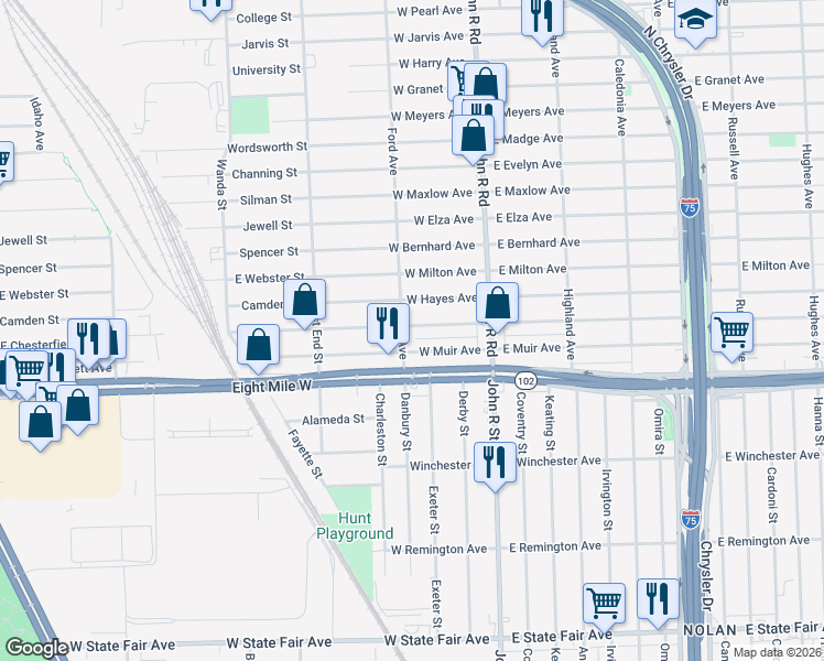 map of restaurants, bars, coffee shops, grocery stores, and more near 155 West George Avenue in Hazel Park