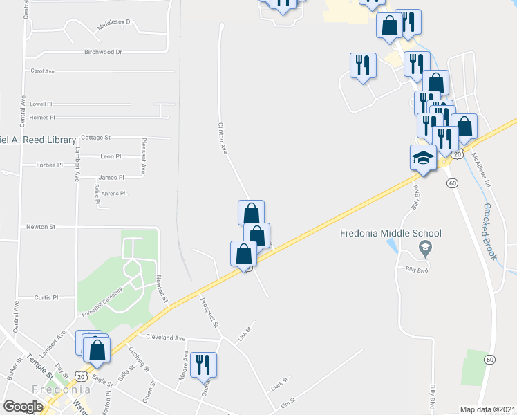 map of restaurants, bars, coffee shops, grocery stores, and more near 39 Clinton Avenue in Fredonia