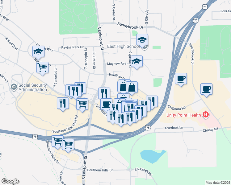 map of restaurants, bars, coffee shops, grocery stores, and more near 4706 Lakeport View Drive in Sioux City