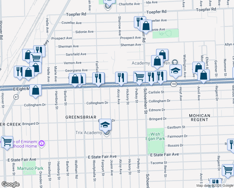 map of restaurants, bars, coffee shops, grocery stores, and more near 20560 Alcoy Avenue in Detroit