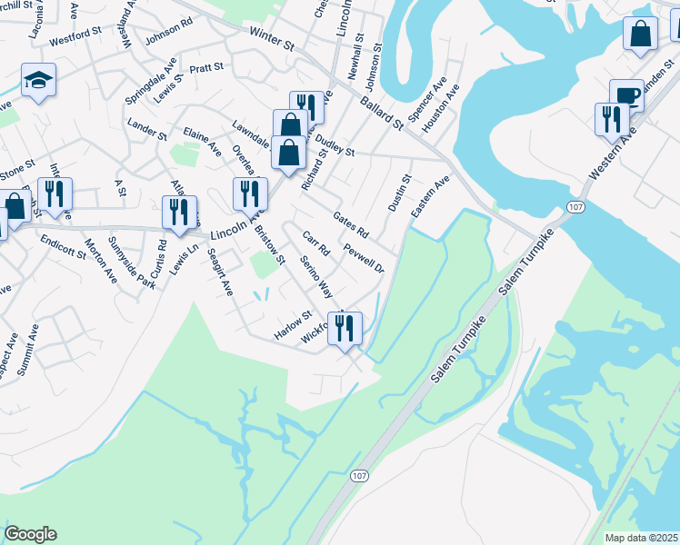 map of restaurants, bars, coffee shops, grocery stores, and more near 16 Sussex Street in Saugus