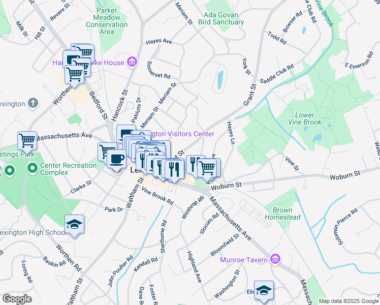 map of restaurants, bars, coffee shops, grocery stores, and more near 8 Sheridan Street in Lexington