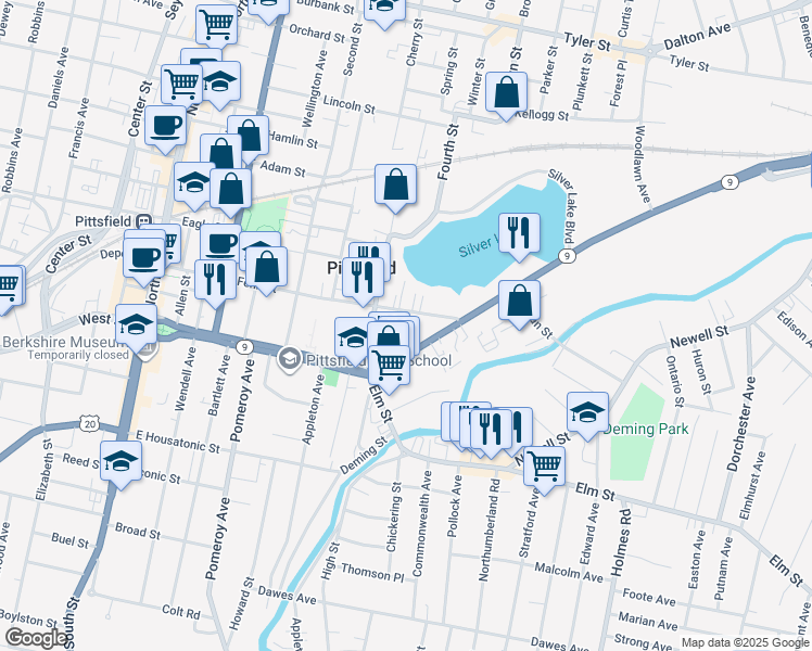 map of restaurants, bars, coffee shops, grocery stores, and more near 518 Fenn Street in Pittsfield