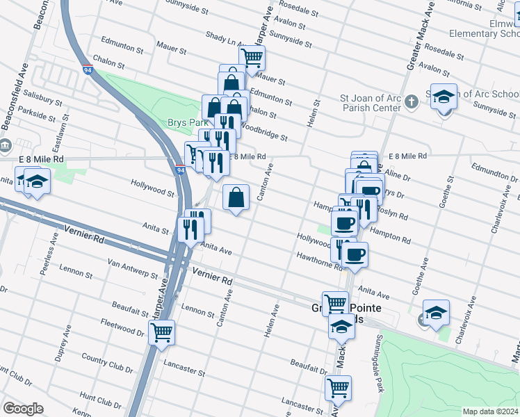 map of restaurants, bars, coffee shops, grocery stores, and more near 20948 Canton Avenue in Harper Woods