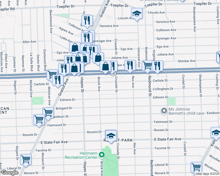 map of restaurants, bars, coffee shops, grocery stores, and more near 15485 Collingham Drive in Detroit