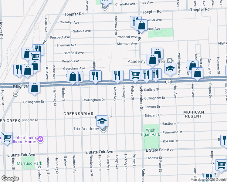 map of restaurants, bars, coffee shops, grocery stores, and more near 20560 Alcoy Avenue in Detroit