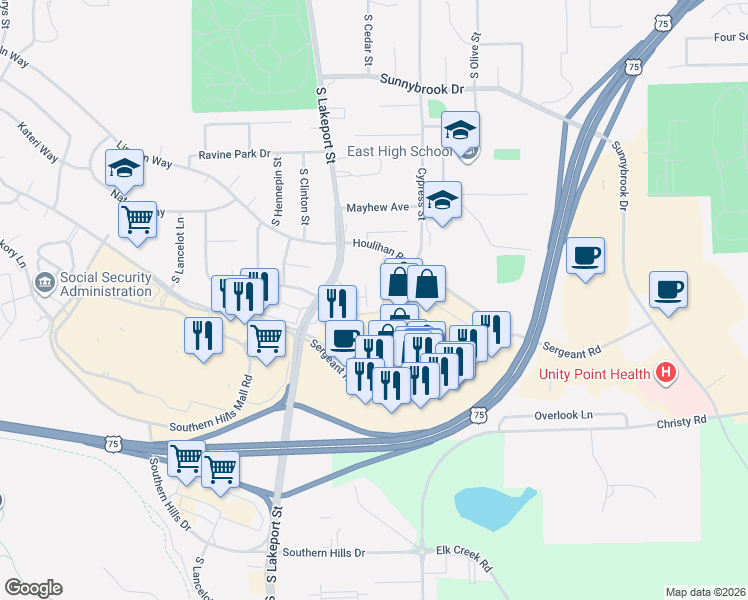 map of restaurants, bars, coffee shops, grocery stores, and more near 4706 Lakeport View Drive in Sioux City