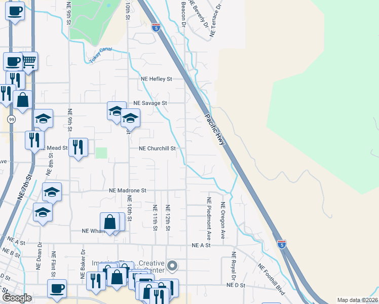 map of restaurants, bars, coffee shops, grocery stores, and more near 1400 Northeast View Drive in Grants Pass