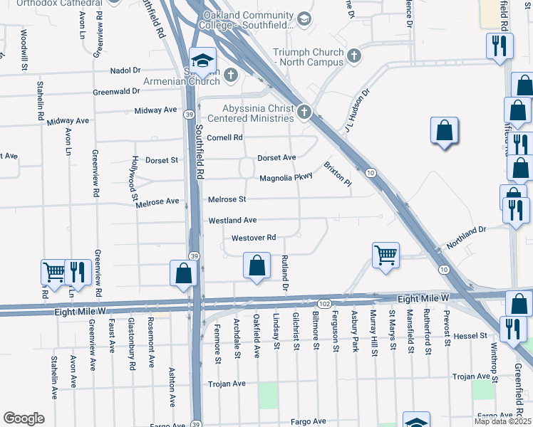 map of restaurants, bars, coffee shops, grocery stores, and more near 17336 Westland Avenue in Southfield