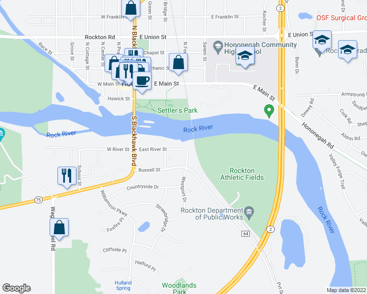 map of restaurants, bars, coffee shops, grocery stores, and more near 231 East River Street in Rockton