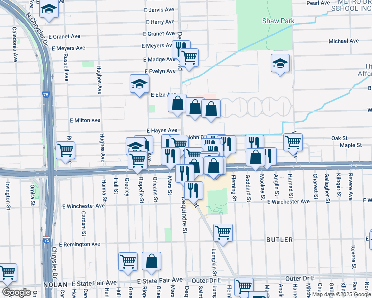 map of restaurants, bars, coffee shops, grocery stores, and more near 20800 Dequindre Road in Warren