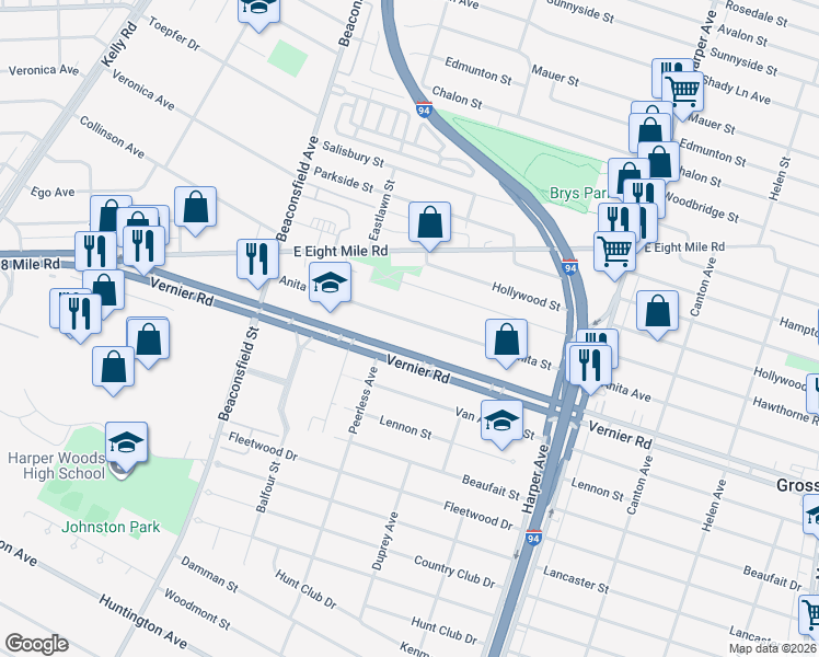 map of restaurants, bars, coffee shops, grocery stores, and more near 20226 Anita Street in Harper Woods