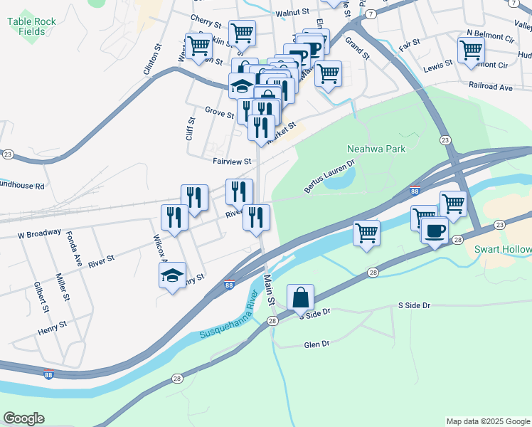 map of restaurants, bars, coffee shops, grocery stores, and more near 36 Main St in Oneonta