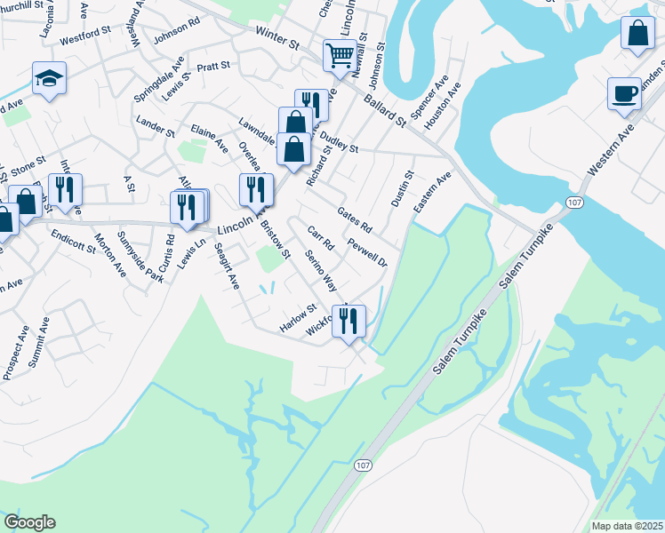 map of restaurants, bars, coffee shops, grocery stores, and more near 16 Sussex Street in Saugus