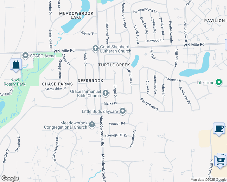 map of restaurants, bars, coffee shops, grocery stores, and more near 21811 Siegal Dr in Novi