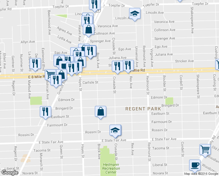 map of restaurants, bars, coffee shops, grocery stores, and more near 15485 Collingham Drive in Detroit