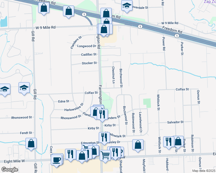 map of restaurants, bars, coffee shops, grocery stores, and more near 33144 Tall Oaks Street in Farmington