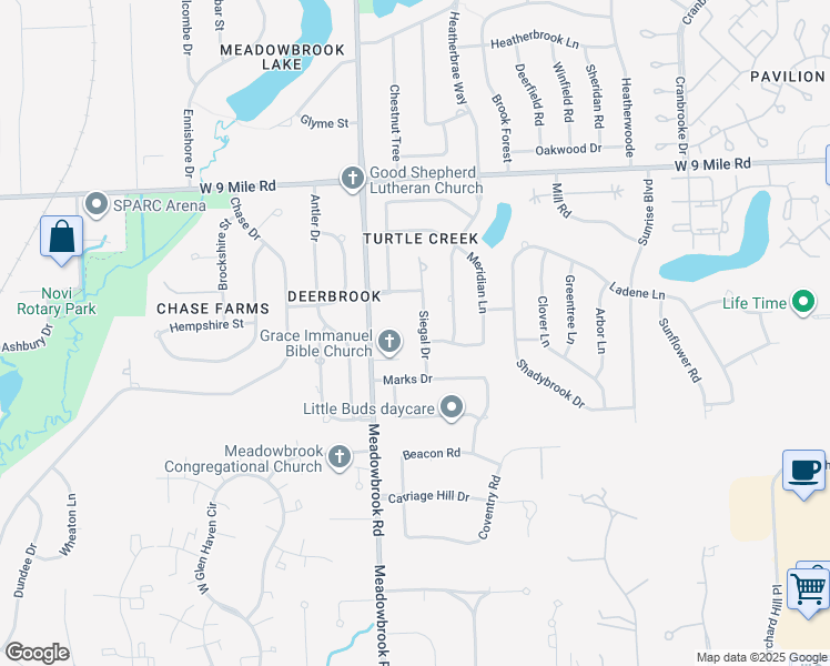 map of restaurants, bars, coffee shops, grocery stores, and more near 21811 Siegal Drive in Novi