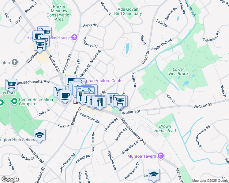 map of restaurants, bars, coffee shops, grocery stores, and more near 8 Sheridan Street in Lexington